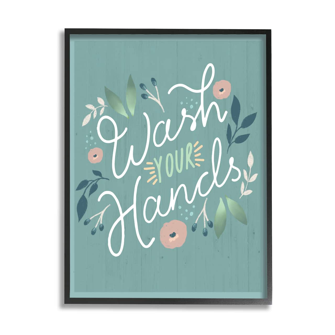Stupell Industries Wash Your Hands Pink Florals Green Farmhouse Pattern Framed Wall Art